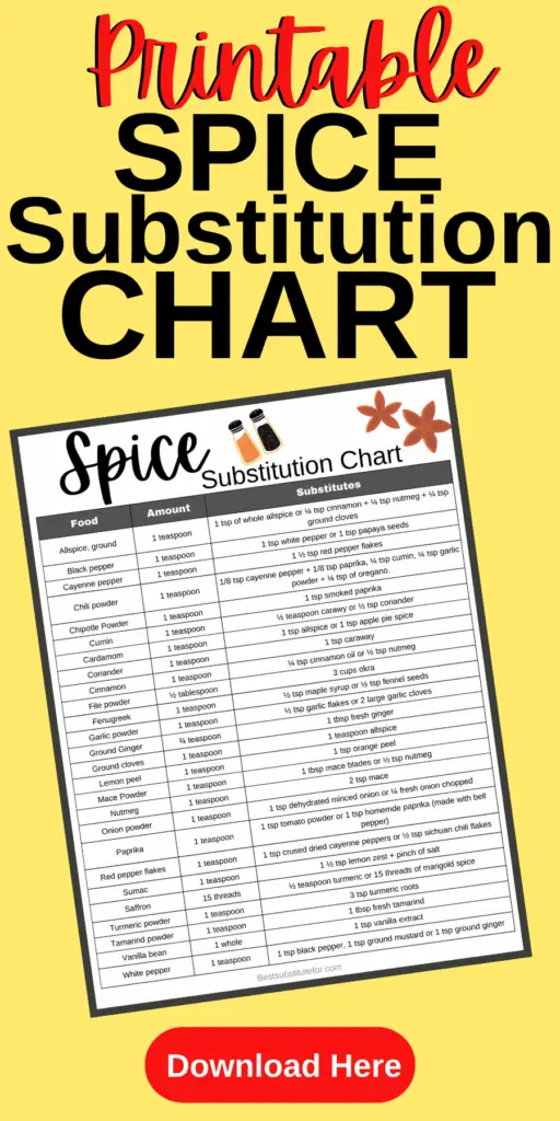 Download this handy spice substitution chart with substitutes for most of the popular spices we use everyday!